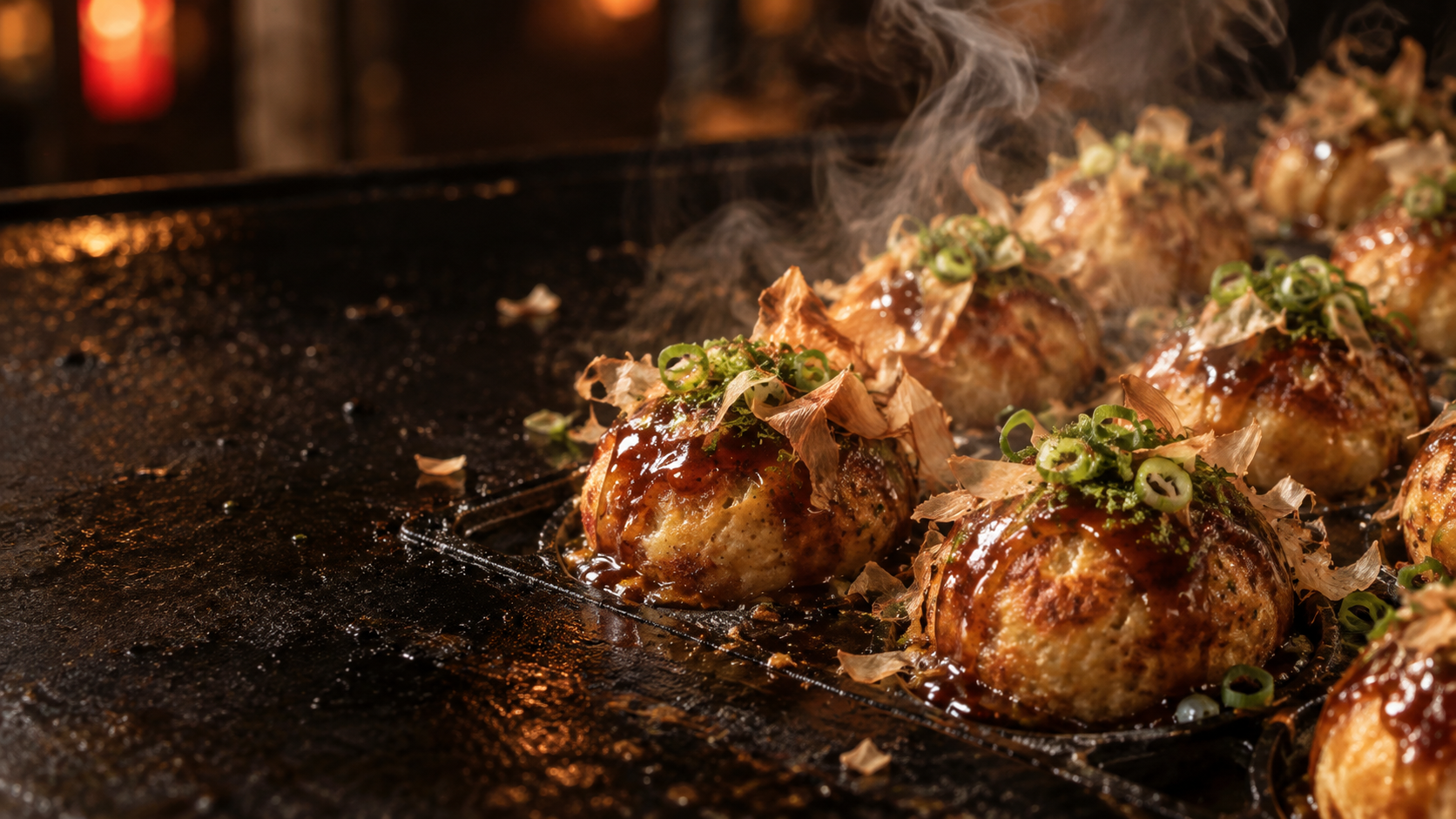 鉄板の上で湯気を立てる焼きたてのたこ焼き